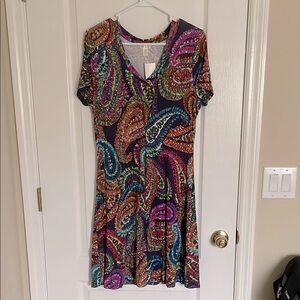 Spense Pink and Orange Paisley V-Neck Short Sleeve Midi Dress